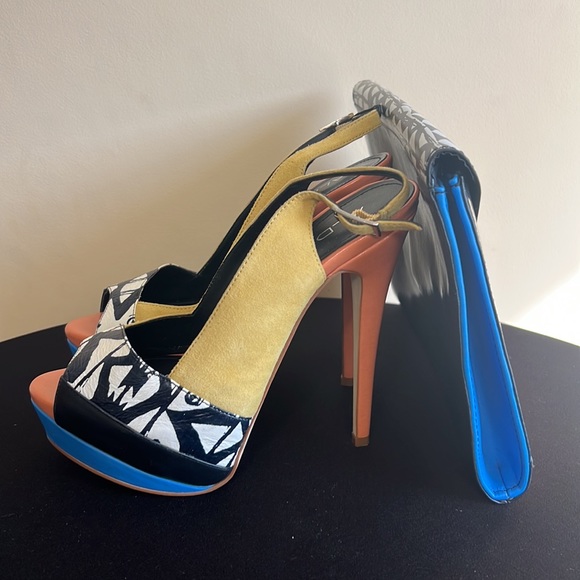 Aldo Platform Peep Toe Sling Back Heel in Black, Yellow, Blue, Orange w/ Clutch - Picture 3 of 6